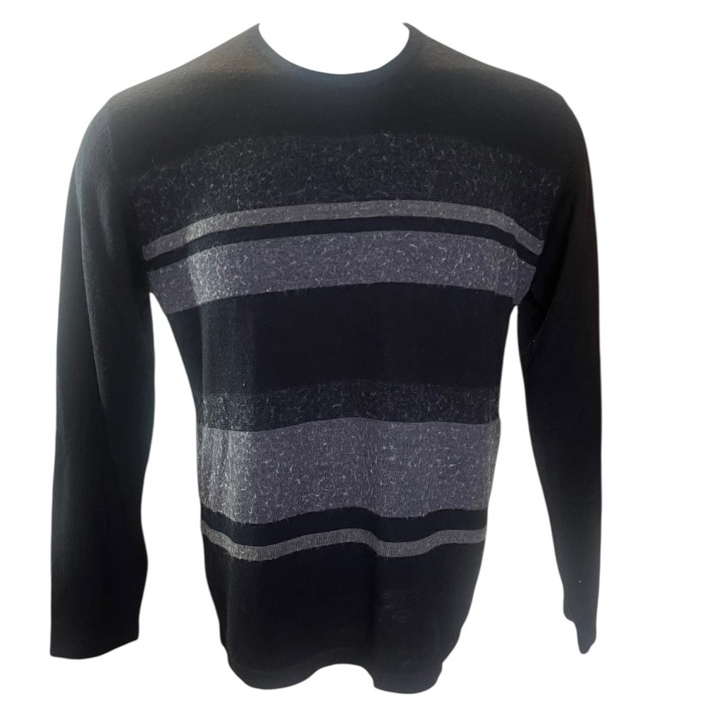 Reunion Menswear Black Grey‎ Striped Crewneck Sweater Mens XL Acrylic Wool Blend